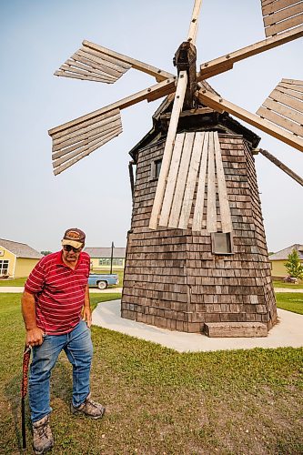 MIKE DEAL / WINNIPEG FREE PRESS
Longtime volunteer, Joe Stoyanowski outside the Hykaway Grist Mill from Meleb, MB, in the Arborg &amp; District Multicultural Heritage Village in Arborg, MB.
230731 - Monday, July 31, 2023.
