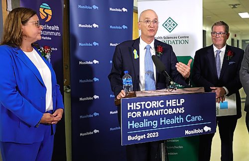 RUTH BONNEVILLE / WINNIPEG FREE PRESS

Local - HSC Rebuild Presser 

Dr. Perry Gray, provincial lead, medical specialist services and chief medical officer, Shared Health, answers questions from the media at announcement. 

Premier Heather Stefanson
Health Minister Audrey Gordon
Jon Lyon, president and CEO, Health Sciences Centre Foundation and 
Dr. Perry Gray, provincial lead, medical specialist services and chief medical officer, Shared Health, announce a 1.5 Billion investment into rebuilding  the Health Sciences Centre at presser at HSC  Wednesday.


August 2nd,   2023


