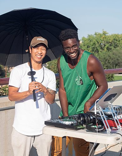 Mike Thiessen / Winnipeg Free Press 
Hip-hop dancers Eugene &#x201c;Genie&#x201d; Bafoe (right) and Marvin Joseph &#x201c;bboy majo&#x201d; Barawid are hosting weekly free outdoor dance sessions at the Forks to promote the street dancing community. For Eva Wasney. 230802 &#x2013; Wednesday, August 2, 2023