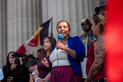 MIKAELA MACKENZIE / WINNIPEG FREE PRESS

Kyra Wilson, Long Plain First Nation chief, speaks at a rally calling for the landfills to be searched on Thursday, Aug. 3, 2023. For Tessa story.
Winnipeg Free Press 2023