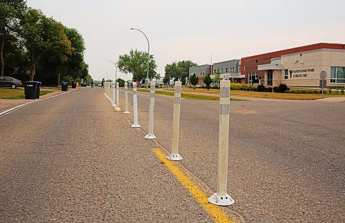 Median barriers on Maryland Avenue in Brandon on Friday, meant to prevent westbound drivers from turning left into Maryland Park School. (Michele McDougall/The Brandon Sun) 