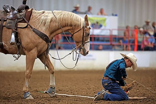 04082023
Hayes Smith ties a goat during the Junior High Boy&#x2019;s Goat Tying event at the Canadian High School Finals Rodeo at the Keystone Centre in Brandon on Friday. The rodeo continues today. (Tim Smith/The Brandon Sun)