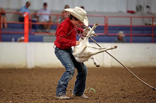 04082023
Slade Hagan wrestles a goat to the ground so he can tie its legs during the Junior High Boy&#x2019;s Goat Tying event at the Canadian High School Finals Rodeo at the Keystone Centre in Brandon on Friday. The rodeo continues today. 
(Tim Smith/The Brandon Sun)
