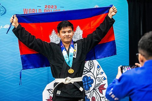 MIKAELA MACKENZIE / WINNIPEG FREE PRESS

Cambolidan police jiu jitsu team member Sun Panhawat poses for a photo at the World Police and Fire Games at the RBC Convention Centre on Friday, Aug. 4, 2023. For &#x460;story.
Winnipeg Free Press 2023