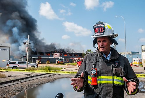 JOHN WOODS / WINNIPEG FREE PRESS
Dick Vlaming, acting platoon chief, talks to media about firefighters being called to fight a fire early Sunday morning at Anco Lumber at 960 Logan in Winnipeg, Sunday, August 6, 2023. 

Reporter: cierra