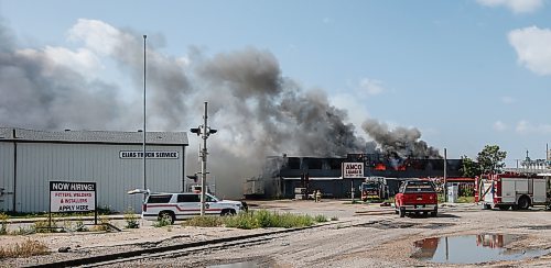 JOHN WOODS / WINNIPEG FREE PRESS
Firefighters were called to fight a fire early Sunday morning at Anco Lumber at 960 Logan in Winnipeg, Sunday, August 6, 2023. 

Reporter: cierra