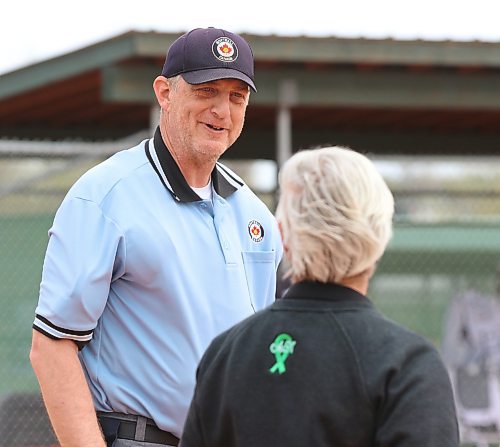 Host committee co-chair Bruce Luebke, who is one of the top umpires in Manitoba, smiles as he speaks to his co-chair Bev Neufeld, an assistant coach with the under-15 Westman Magic during a game on May 13 at Ashley Neufeld Softball Complex. The event begins on Wednesday and is scheduled to end on Sunday. (Perry Bergson/The Brandon Sun)
May 13, 2023