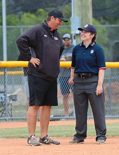 Umpire Akayla Veysey shares a smile with under-15 Westman Magic head coach Marc Lyver after he came out to ask her about a call. She said most of her interactions with coaches are fine. (Perry Bergson/The Brandon Sun)
Aug. 10, 2023