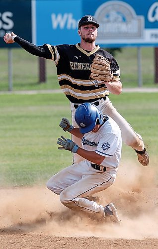 JOHN WOODS / WINNIPEG FREE PRESS
Nova Scotia&#x573; Noah Boutilier (3) attempts the double play against Ontario&#x573; Ryan Cutten (28) at second during the U22 national baseball championship bronze medal game in Stonewall, Sunday, August 6, 2023. 

Reporter: standup