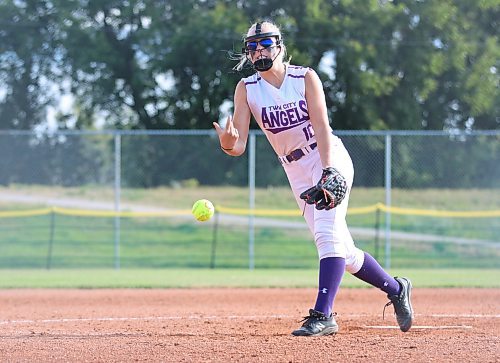 Emma Frisky of the Twin City Angels, shown in action on Wednesday morning against Nova Scotia Blue during Softball Canada&#x2019;s under-15 girls championship, was named the top pitcher at the event a year ago when she was 14. (Perry Bergson/The Brandon Sun)
Aug. 9, 2023