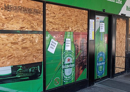 Mike Thiessen / Winnipeg Free Press 
The beer store at the Four Crowns Inn on McPhillips Street had its windows smashed at some point over the last couple days. 230809 &#x2013; Wednesday, August 9, 2023