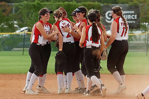 09082023
Cloverdale Fury players celebrate their win over the Westman Magic at the U15 Girl's Canadian Fast Pitch Championships at the Ashley Neufeld Softball Complex on Wednesday.
(Tim Smith/The Brandon Sun)