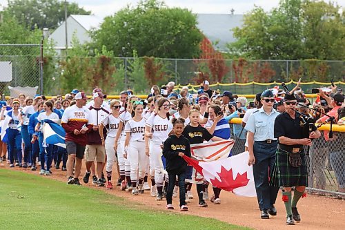 09082023
Teams from across Canada take part in the opening ceremonies of the U15 Girl's Canadian Fast Pitch Championships at the Ashley Neufeld Softball Complex in Brandon on Wednesday. (Tim Smith/The Brandon Sun)
