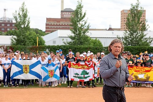 09082023
Brandon Mayor Jeff Fawcett brings greetings from the city at the opening ceremonies of the U15 Girl's Canadian Fast Pitch Championships at the Ashley Neufeld Softball Complex in Brandon on Wednesday. (Tim Smith/The Brandon Sun)