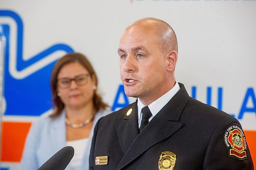 Mike Deal / Winnipeg Free Press
Christian Schmidt, fire and paramedic chief, Winnipeg Fire Paramedic Service, speaks during the announcement.
Premier Heather Stefanson accompanied by Mayor Scott Gillingham, Christian Schmidt, fire and paramedic chief, Winnipeg Fire Paramedic Service, Helen Clark, chief operating officer, emergency response services and chief allied health officer, and Audrey Gordon, Minister of Mental Health, Wellness and Recovery, announces that the Manitoba government, through Shared Health, and the Winnipeg Fire Paramedic Service (WFPS) have completed negotiations on a new service purchase agreement that will ensure the reliable and consistent delivery of emergency medical response, transport and community paramedicine services within Winnipeg during a media event at Station 11, 1705 Portage Avenue, Wednesday afternoon.
230524 - Wednesday, May 24, 2023.