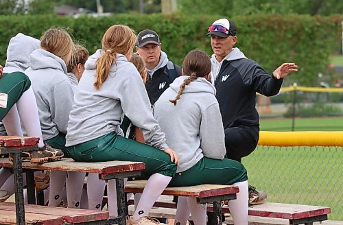 Prince Edward Island Whitecaps head coach Jeff Ellsworth, right, makes a point as he speaks to his team after they beat the Winnipeg Lightning 8-0 to improve to 2-0 at Softball Canada’s under-15 girls national championship at Ashley Neufeld Softball Complex on Thursday morning. (Perry Bergson/The Brandon Sun)
Aug. 10, 2023