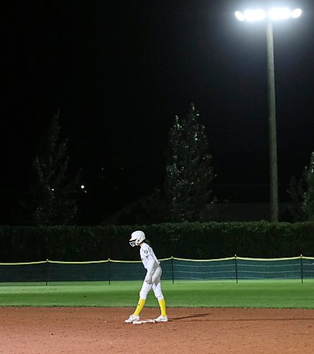 Paige Rampton stands on second base after getting the Westman Magic&#x2019;s only hit under the lights late Thursday evening during their 12-0 loss to the Waterloo Ghosts at Softball Canada&#x2019;s under-15 girls national championship. (Perry Bergson/The Brandon Sun)
Aug. 11, 2023