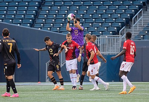 Mike Thiessen / Winnipeg Free Press 
Valour FC goalkeeper Rayane-Yuba Yesli grabs the ball during the team&#x2019;s match against Cavalry FC on Friday. For Joshua Sam-Frey. 230811 &#x2013; Friday, August 11, 2023