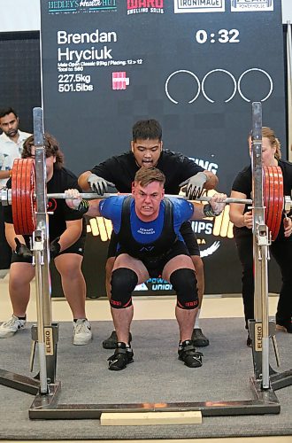 The face of Brandonite and former Rivers resident Brendan Hryciuk shows the strain of successfully lifting 227.5 kg during the 2023 Powerlifting Championships on Friday afternoon at Brandon University's Healthy Living Centre. (Matt Goerzen/The Brandon Sun)