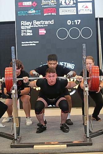 Ste. Rose product Riley Bertrand strains under the weight of 277.5 kg during the 2023 Powerlifting Championship at Brandon University's Healthy Living Centre on Friday afternoon.  (Matt Goerzen/The Brandon Sun)