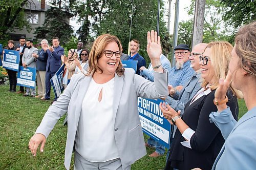 Mike Thiessen / Winnipeg Free Press 
Premier Heather Stefanson entered Florence Pierce Park to chants of &#x201c;Four more years!&#x201d; from her fellow Progressive Conservative MLAs. Stefanson vowed to abolish the carbon tax for Manitobans. For Danielle Da Silva. 230811 &#x2013; Friday, August 11, 2023