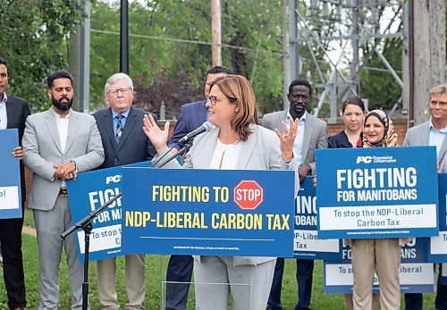 Mike Thiessen / Winnipeg Free Press 
Premier Heather Stefanson revealed plans to abolish the carbon tax for Manitobans in her first campaign announcement at Florence Pierce Park today, backed by her fellow Progressive Conservative MLAs and candidates. For Danielle Da Silva. 230811 &#x2013; Friday, August 11, 2023