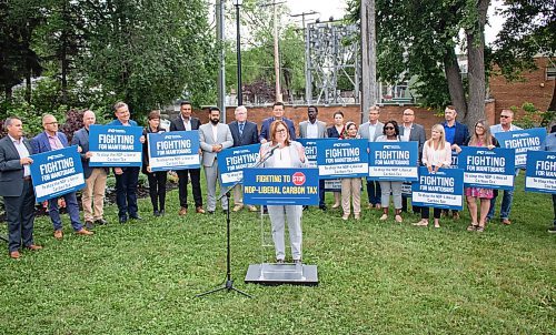 Mike Thiessen / Winnipeg Free Press 
Premier Heather Stefanson revealed plans to abolish the carbon tax for Manitobans in her first campaign announcement at Florence Pierce Park today, backed by her fellow Progressive Conservative MLAs and candidates. For Danielle Da Silva. 230811 &#x2013; Friday, August 11, 2023