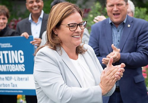 Mike Thiessen / Winnipeg Free Press 
Premier Heather Stefanson revealed plans to abolish the carbon tax for Manitobans in her first campaign announcement at Florence Pierce Park today, backed by her fellow Progressive Conservative MLAs and candidates. For Danielle Da Silva. 230811 &#x2013; Friday, August 11, 2023