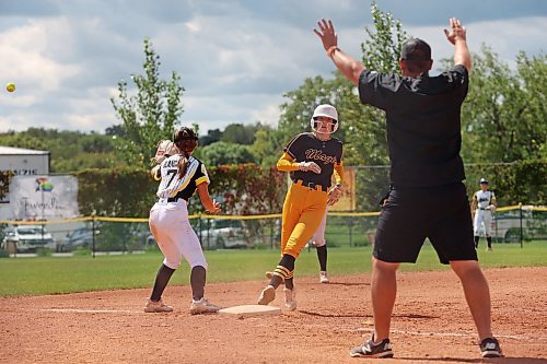 11082023
Kasia Baranyk #3 of the Westman Magic tags third base before the ball gets to Gracelyn Blanchard #7 of the Moose Jaw Ice during a match at the U15 Girl's Canadian Fast Pitch Championships at the Ashley Neufeld Softball Complex on Friday.
(Tim Smith/The Brandon Sun)