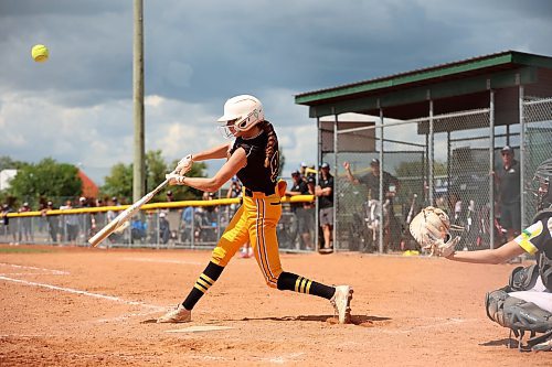 11082023
Charlie Shearer #9 of the Westman Magic connects with the ball during a match against the Moose Jaw Ice at the U15 Girl's Canadian Fast Pitch Championships at the Ashley Neufeld Softball Complex on Friday.
(Tim Smith/The Brandon Sun)