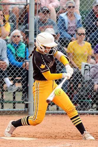11082023
Jayce Whiteside #5 of the Westman Magic connects with the ball during a match against the Moose Jaw Ice at the U15 Girl's Canadian Fast Pitch Championships at the Ashley Neufeld Softball Complex on Friday.
(Tim Smith/The Brandon Sun)