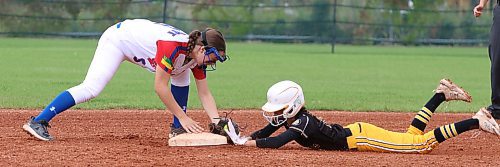 Lumsden Cubs infielder McKenna Schmidt (9) applies a tag on diving Westman Magic baserunner Jade Campbell (4) during their bottom bracket semifinal game in the Softball Canada under-15 girls national championship at Ashley Neufeld Softball Complex on Sunday afternoon. Campbell was safe on the play but Lumsden won 3-0. (Perry Bergson/The Brandon Sun)
Aug. 13, 2023