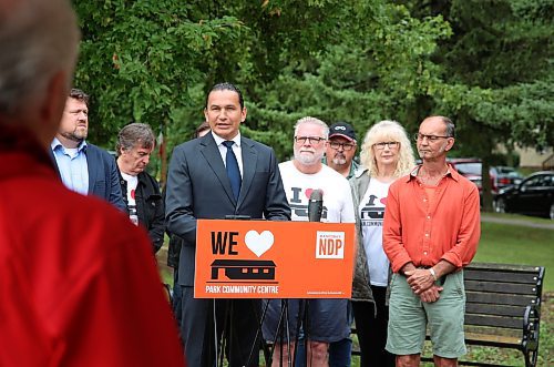 Manitoba NDP Leader Wab Kinew is shown here at the Park Community Centre in Brandon on Sunday, taking questions after promising an investment of $1 million to a rebuild the community centre with a daycare, if elected. (Michele McDougall/The Brandon Sun)