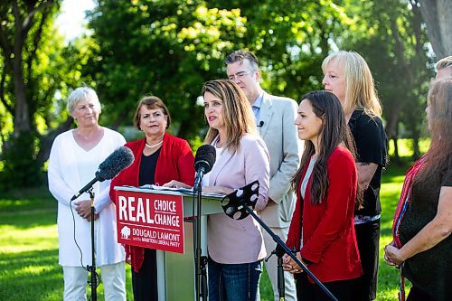 MIKAELA MACKENZIE / WINNIPEG FREE PRESS

Manitoba Liberal candidate for Kirkfield Park Rhonda Nichol
speaks to the media at a press conference across from the Canadian Museum for Human Rights on Monday, Aug. 14, 2023. For Katie May story.
Winnipeg Free Press 2023