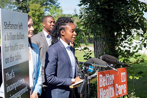 Mike Thiessen / Winnipeg Free Press 
Uzoma Asagwara, NDP MLA for Union Station, speaking at the NDP press conference on healthcare promises. For Danielle Da Silva. 230814 &#x2013; Monday, August 14, 2023