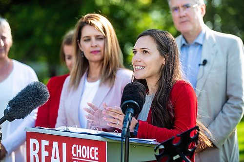 MIKAELA MACKENZIE / WINNIPEG FREE PRESS

Manitoba Liberal candidate for Tyndall Park Cindy Lamoureux speaks to the media at a press conference across from the Canadian Museum for Human Rights on Monday, Aug. 14, 2023. For Katie May story.
Winnipeg Free Press 2023