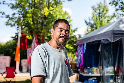 MIKAELA MACKENZIE / WINNIPEG FREE PRESS

Firekeeper Shining Goldstar at Camp Marcedes (beside the Canadian Museum for Human Rights) on Monday, Aug. 14, 2023. For Cierra Bettens story.
Winnipeg Free Press 2023