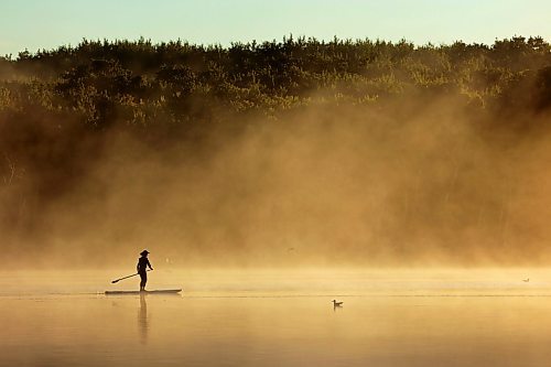 14082023
Tracy Ramage paddleboards along the smooth-as-glass surface of Lake Clementi south of Brandon as fog rolls over the lake shortly after sunrise on Monday morning.
(Tim Smith/The Brandon Sun)