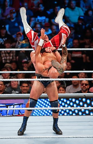 JOHN WOODS / WINNIPEG FREE PRESS
Ciampa flips Ricochet, foreground, as they perform at WWE in Winnipeg, Monday, August 14, 2023. 

Reporter: mcintyre