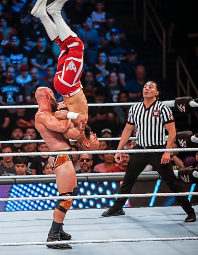 JOHN WOODS / WINNIPEG FREE PRESS
Ciampa flips Ricochet as they perform at WWE in Winnipeg, Monday, August 14, 2023. 

Reporter: mcintyre
