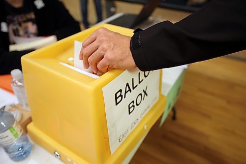 A voter places their ballot in the ballot box at the polling station in the East End Community Centre in Brandon during the municipal election on Wednesday. (Tim Smith/The Brandon Sun)
