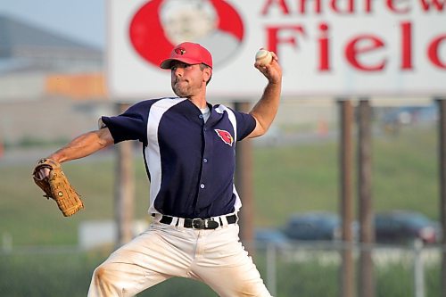 RFNOW Cardinals pitcher Jeff Wiebe throws during Game 5 of the Andrew Agencies Senior AA Baseball League final against the GW Vacuum Truck Service Young Guns at Andrews Field on Tuesday evening. (Thomas Friesen/The Brandon Sun)