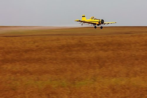 15082023
An aerial sprayer dips low over a crop while spraying south of Wawanesa on a smoky Tuesday. 
(Tim Smith/The Brandon Sun)