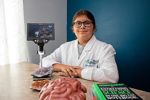 Mike Thiessen / Winnipeg Free Press 
10-year-old Simon Monteith, or Simon the Scientist, shares his science videos online. He is a semi-finalist for the national Pow Wow Pitch contest for the second year in a row. For Gabrielle Pich&#xe9;. 230815 &#x2013; Tuesday, August 15, 2023
