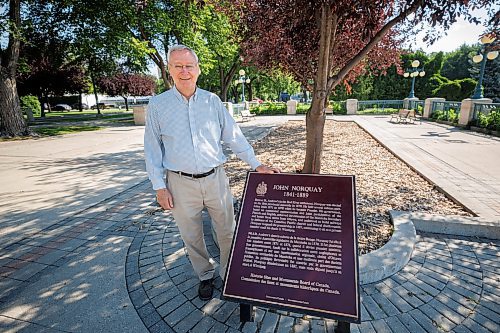 MIKE DEAL / WINNIPEG FREE PRESS
Retired history professor Gerald Friesen on the South grounds of the Manitoba Legislative building where there is a plaque dedicated to the former Manitoba premier John Norquay, who was Manitoba&#x2019;s first Indigenous premier.
See Tom Brodbeck story
230802 - Wednesday, August 02, 2023.