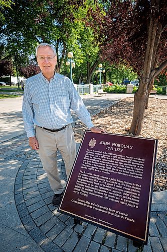 MIKE DEAL / WINNIPEG FREE PRESS
Retired history professor Gerald Friesen on the South grounds of the Manitoba Legislative building where there is a plaque dedicated to the former Manitoba premier John Norquay, who was Manitoba&#x2019;s first Indigenous premier.
See Tom Brodbeck story
230802 - Wednesday, August 02, 2023.