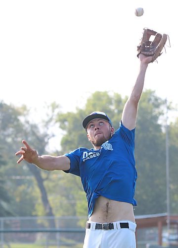 Brayden Heapy, shown jumping for a ball prior to an exhibition game at Andrews Field last month, will be in action with his teammates when they meet the Carlyle Cardinals this morning at 9:30. (Perry Bergson/The Brandon Sun)
July 24, 2023