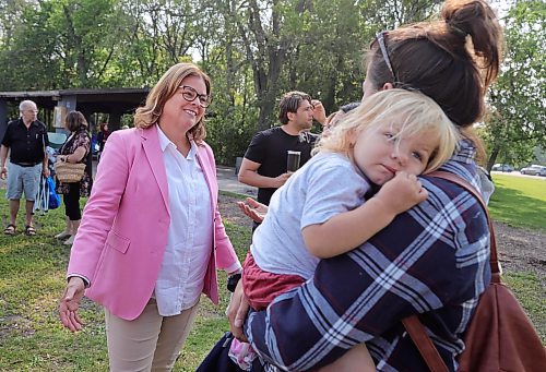 Premier Heather Stefanson talks with moms with their kids after holding a press conference at St. Vital Park Thursday morning. Stefanson's Progressive Conservative government is proposing several changes to the Public Schools Act to further emphasize “parental rights.” (Ruth Bonneville/ Winnipeg Free Press).

August 17th,  2023

