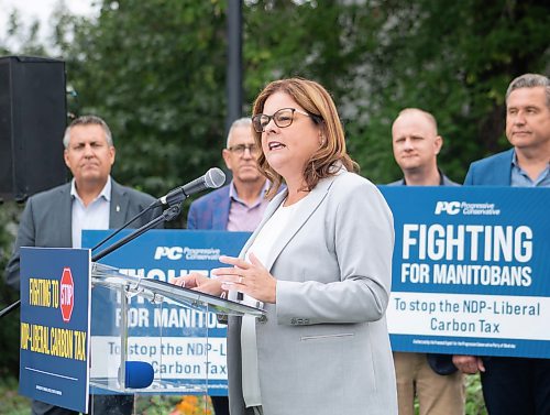 Mike Thiessen / Winnipeg Free Press 
Premier Heather Stefanson revealed plans to abolish the carbon tax for Manitobans in her first campaign announcement at Florence Pierce Park today, backed by her fellow Progressive Conservative MLAs and candidates. For Danielle Da Silva. 230811 &#x2013; Friday, August 11, 2023