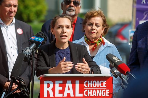 MIKE DEAL / WINNIPEG FREE PRESS
Cindy Lamoureux Liberal MLA for Tyndall Park during a campaign press conference about Health Care specifically about Senior Care, at Andrew Mynarski VC Park, Friday morning. 
230818 - Friday, August 18, 2023.